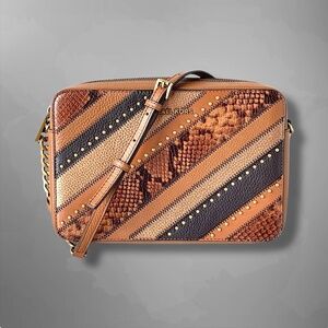 Michael Kors Diagonal Striped Leather & Snakeskin Crossbody in Brown and Black